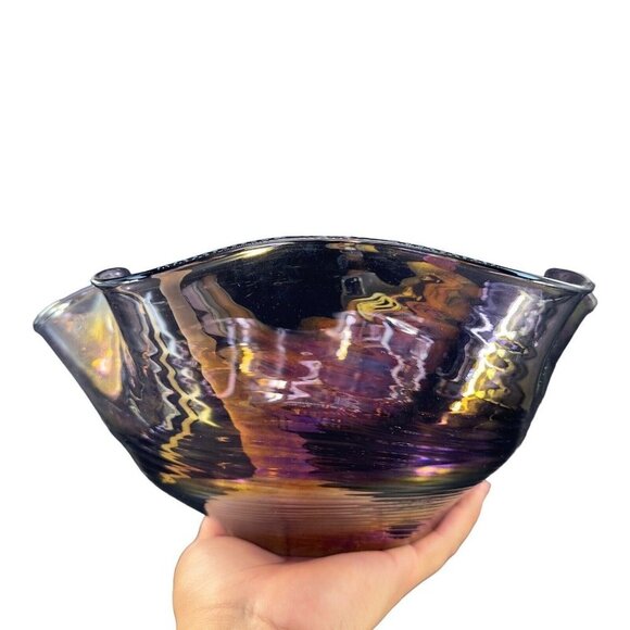 Hand Blown Chrome Iridescent Purple Art Glass Bowl Dish Ruffled Edge Large Bowl - Picture 6 of 16
